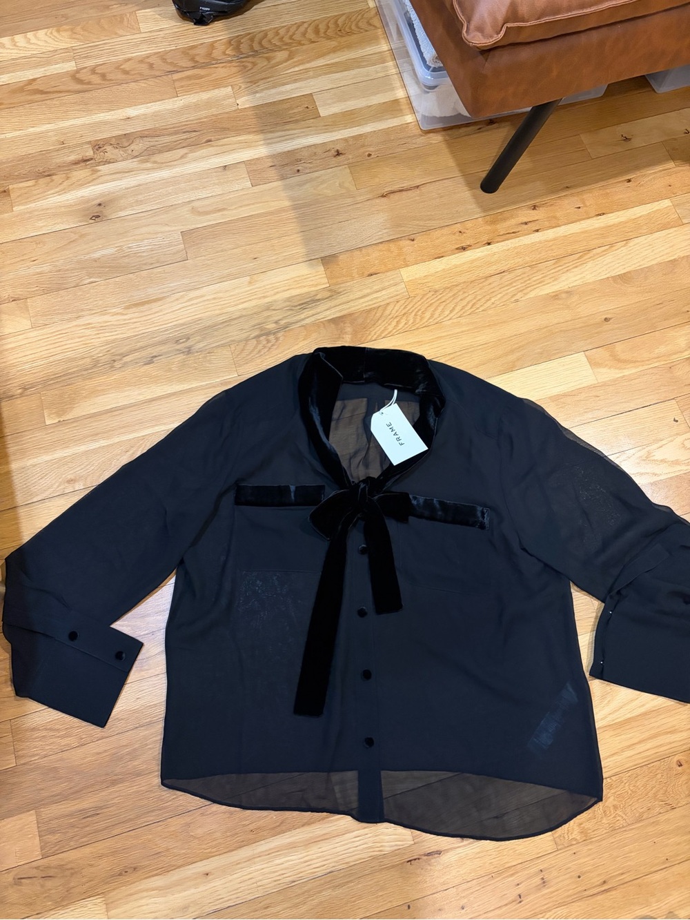 Frame Denim Black Sheer Bow Blouse